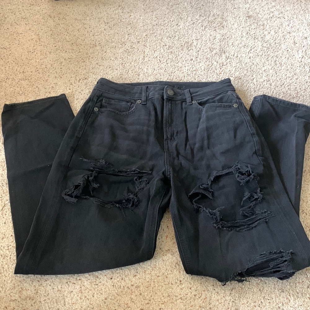 Denim mom jeans with thigh/knee distressing